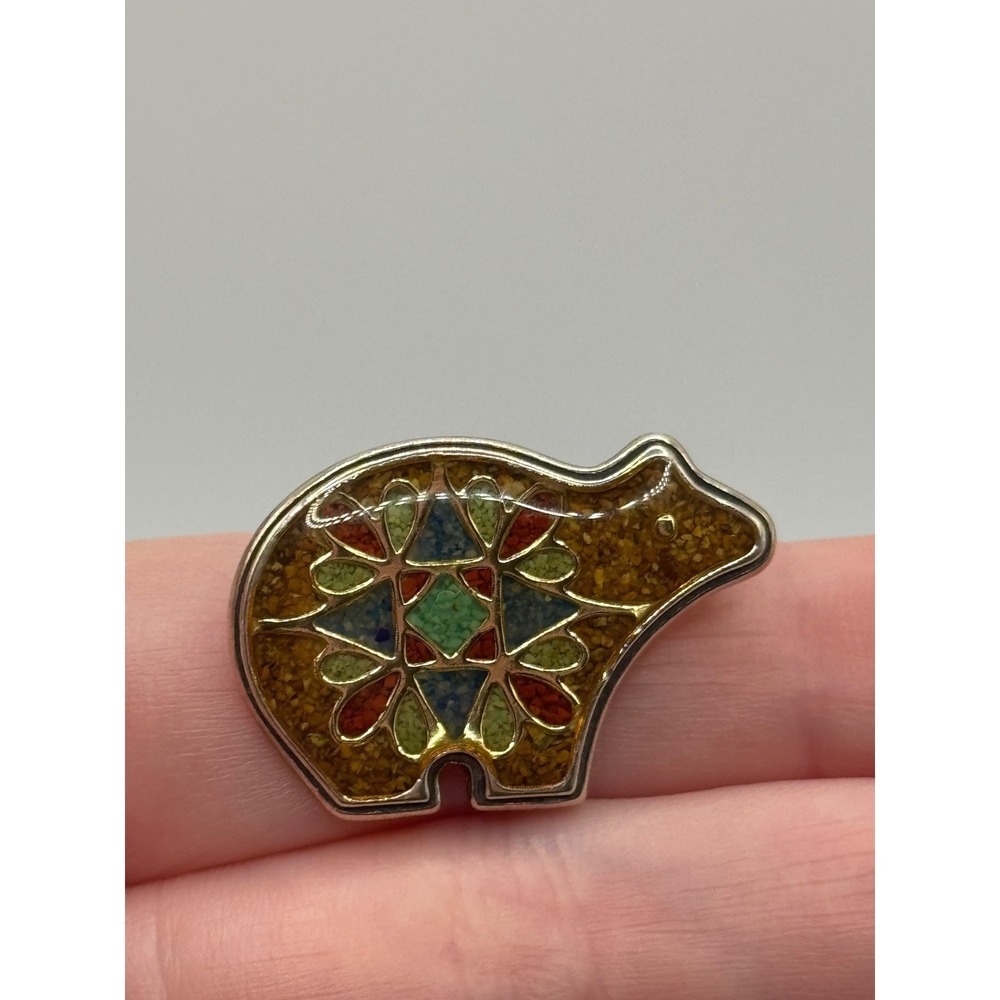 Carolyn Pollack Geometric Bear Stone Inlay Sterling Silver Brooch Pendant
